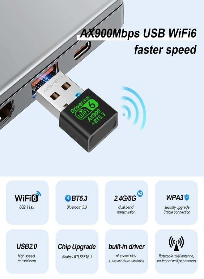 AX900Mbps WiFi 6 and Bluetooth 5.3 Combo Adapter - Dual Band 5/2.4Ghz USB Wireless