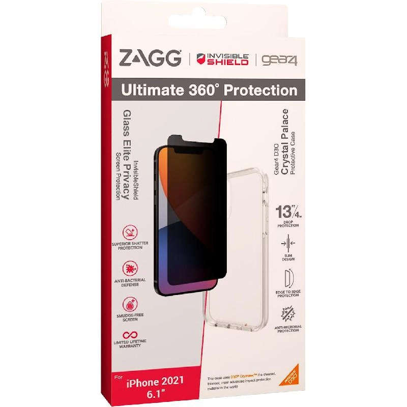 GEAR4 InvisibleShield Crystal Palace + Glass Elite Privacy+ Case for iPhone 13 - Case Contains Recycled Plastics