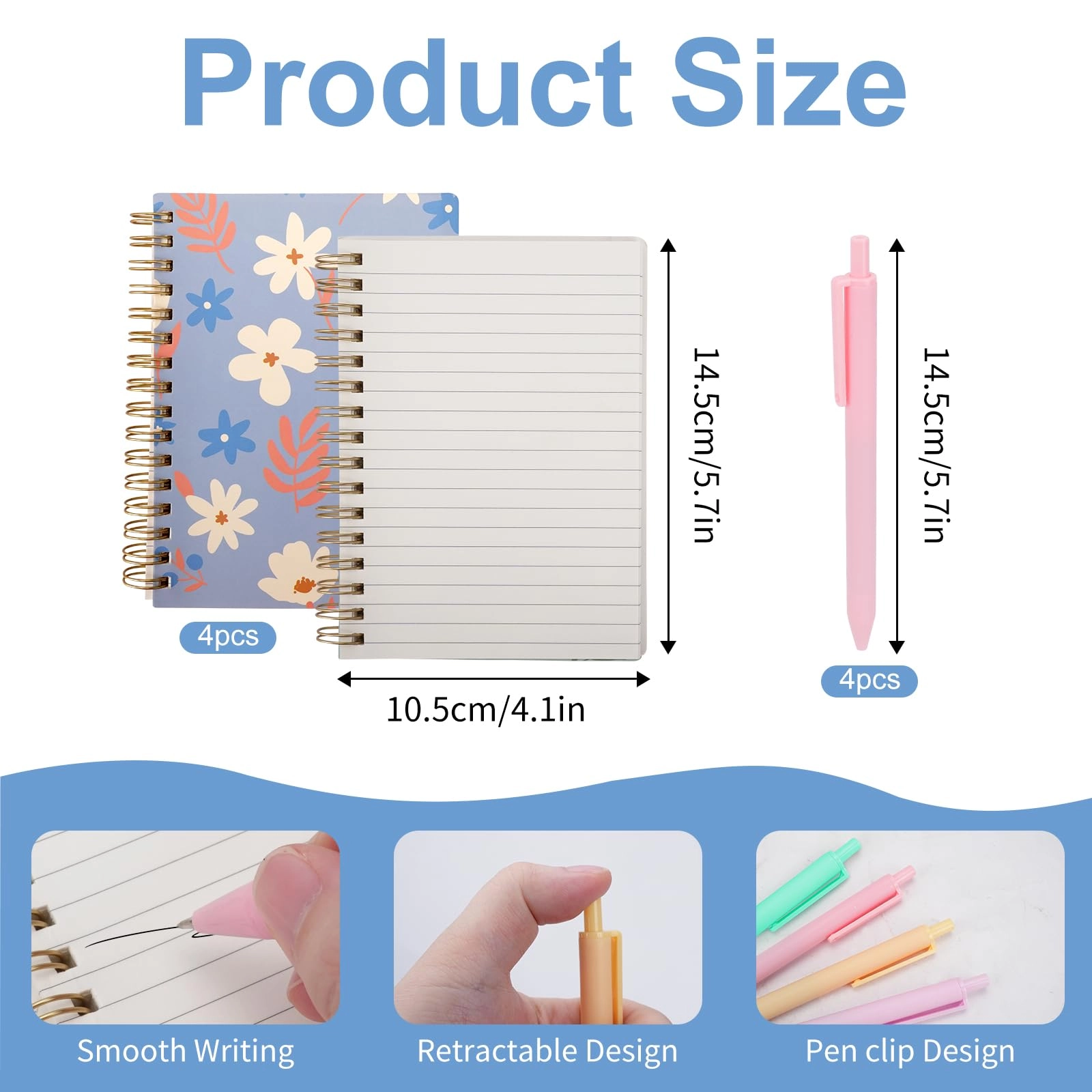 A6 Spiral Notebook + Pen - 80 Sheets 4 Pieces Lined