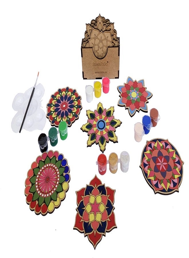Mandalas Paint Kit D - Set of 6 Bases (4 Inch) with Case, Colours, Painting Brush & Dish