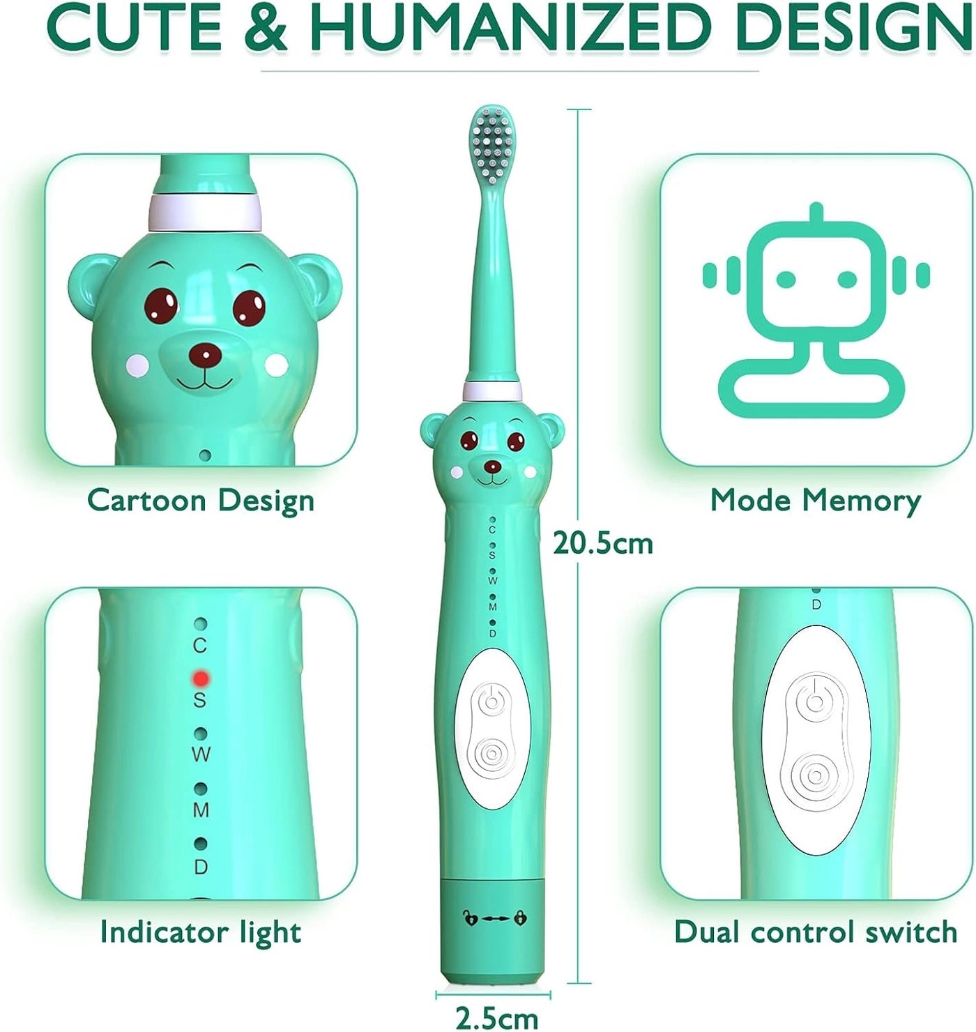 Kids Sonic Electric Toothbrush - Cute Bear 4 Brush Heads 2 Min Timer