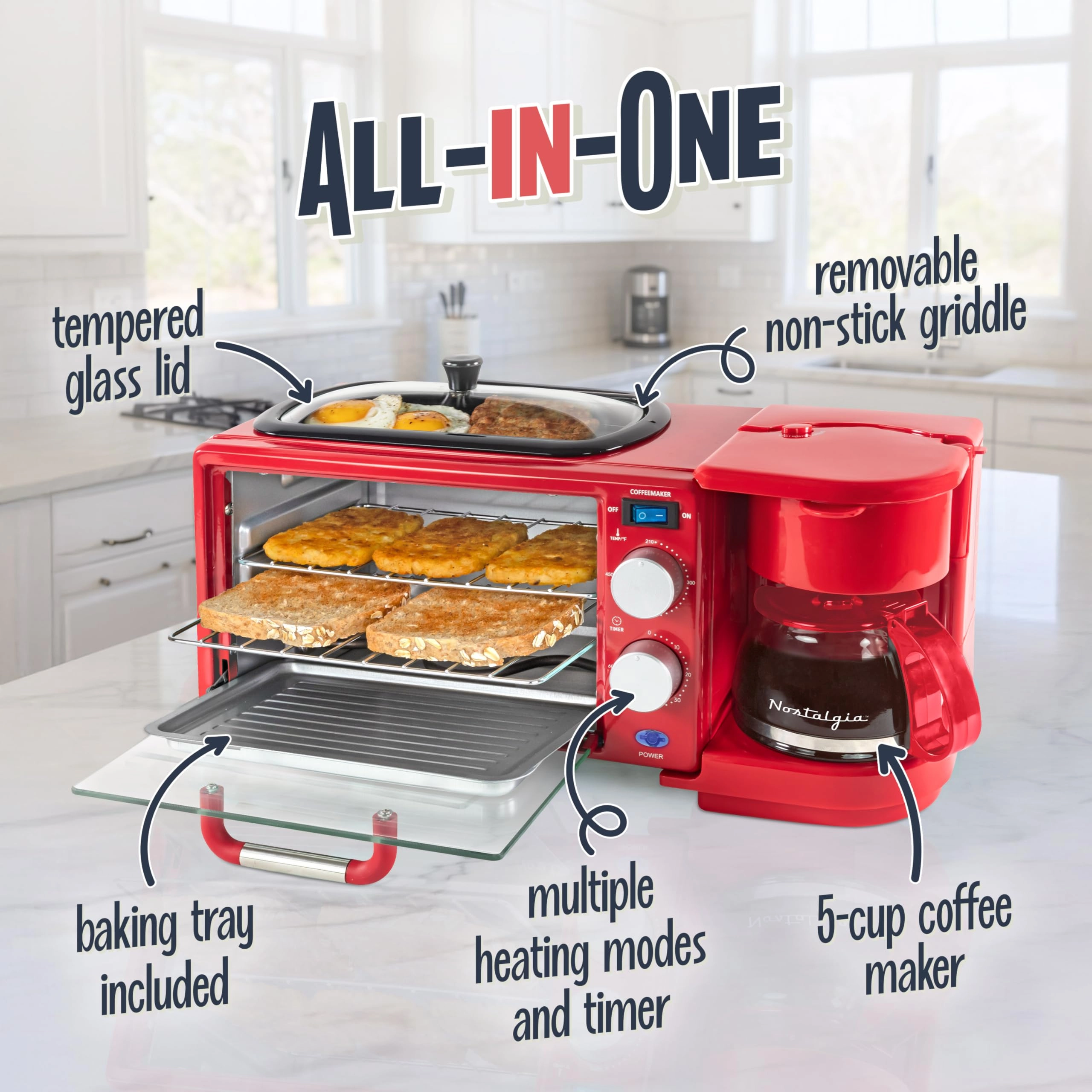3-in-1 Retro Breakfast Station - 5 Cups Non-Stick Ceramic Griddle 4-Slice Toaster Oven