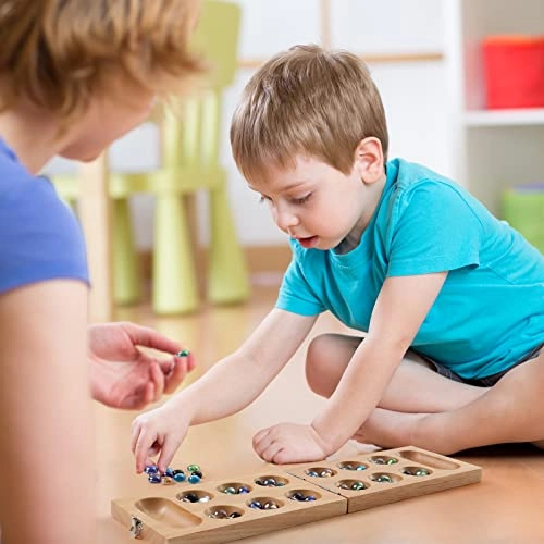 Mancala - Folding Rubber Wood Board 58 glass stones