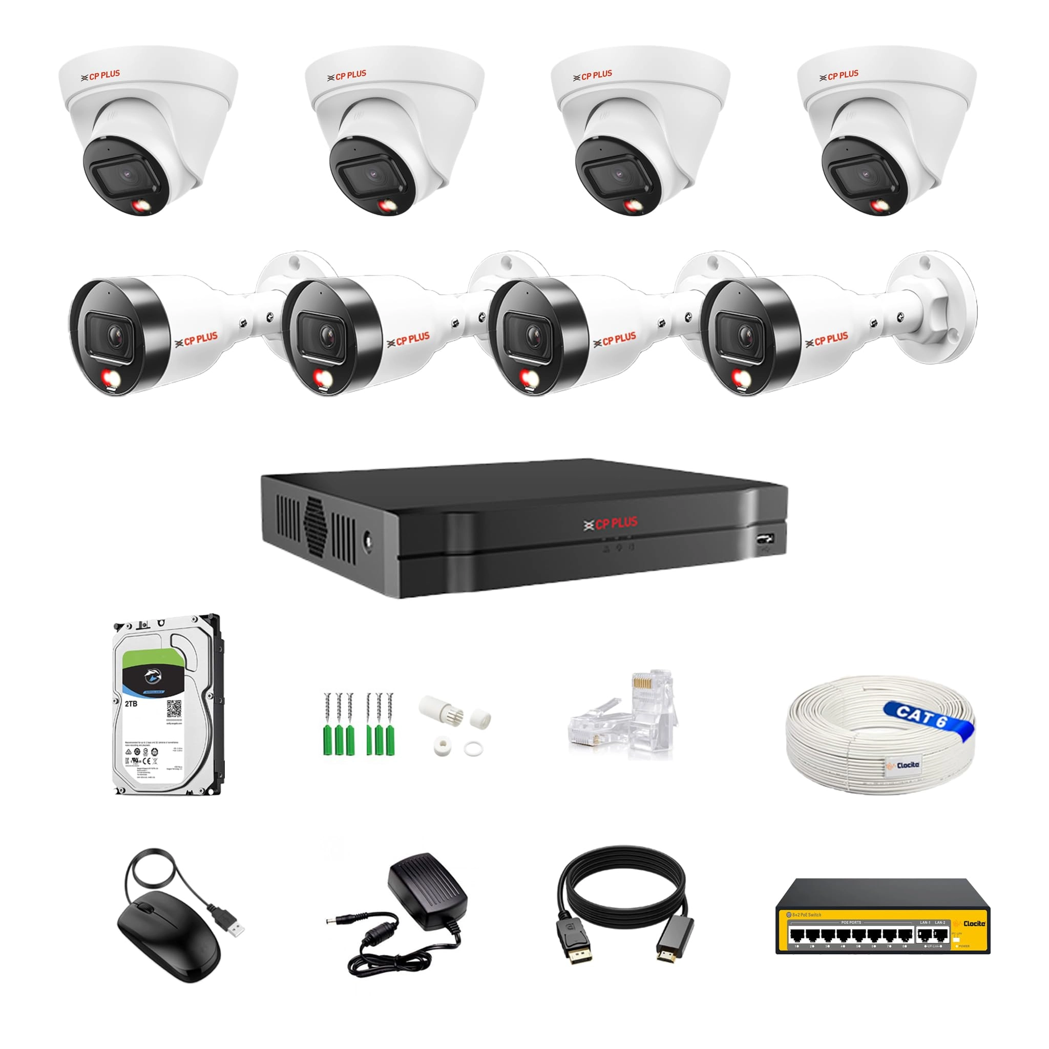Aditya Infotech Ltd illumax Dual Light Dome IP Camera + Bullet IP Camera + NVR - 8 channels + Hard Disk + POE Switch + CAT6 Cable