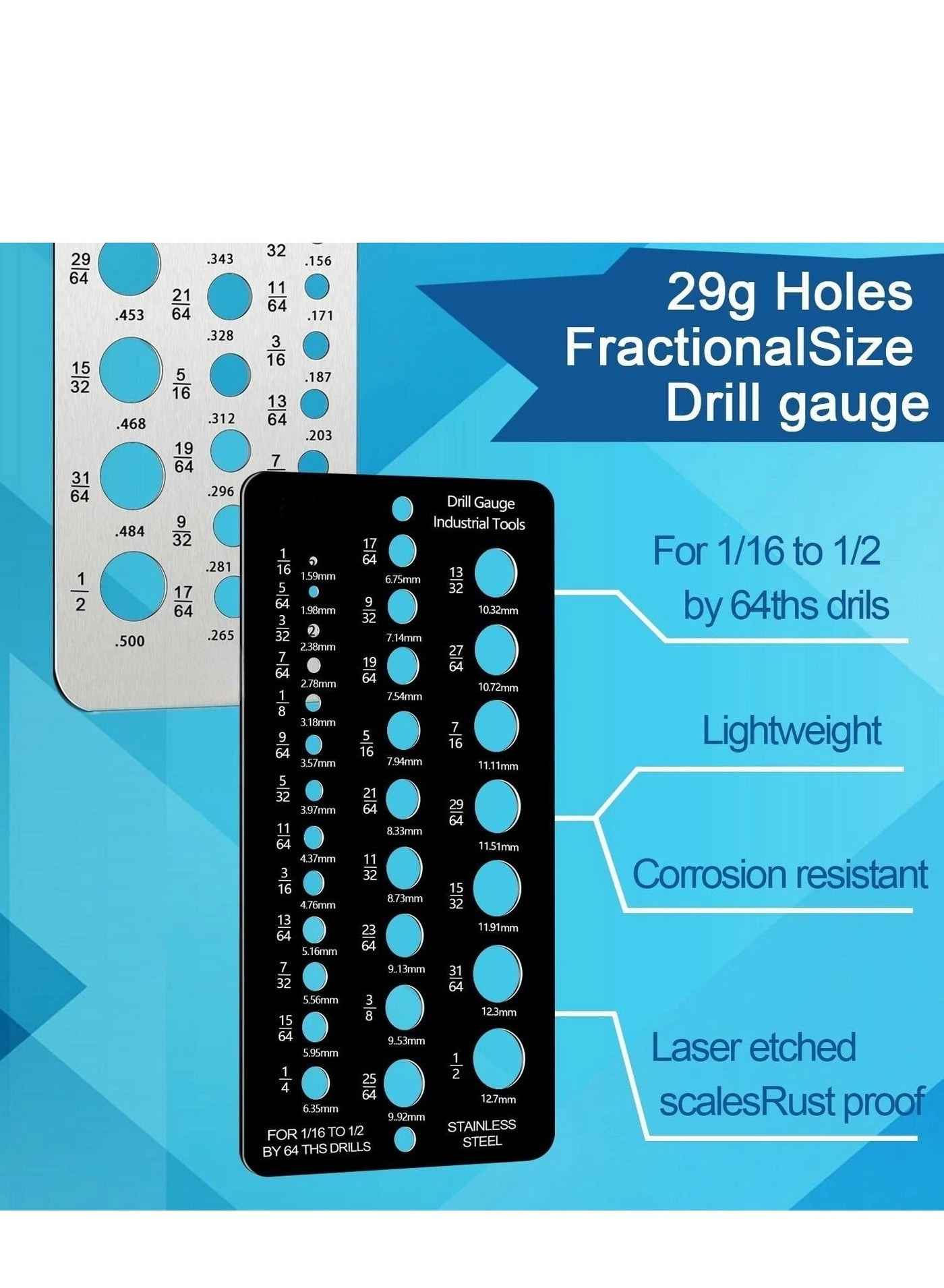 Drill Bit Size Gauge - stainless steel 2 pieces 1/16 Inch to 1/2 Inch
