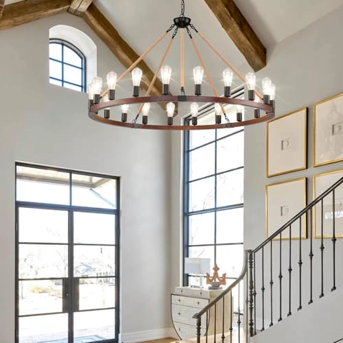 Wagon Wheel Chandelier - 48-Inch 20-Light Wood