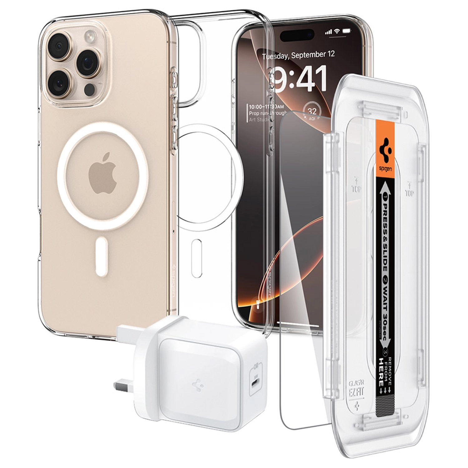 Spigen Case + Screen Protector + Wall Charger for iPhone 16 Pro Max