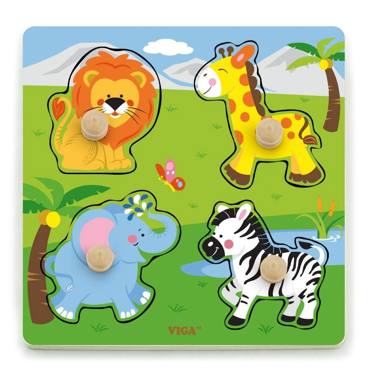Wooden Knob Puzzle - Wild Animals - Suitable for 12 months and above 4 pieces