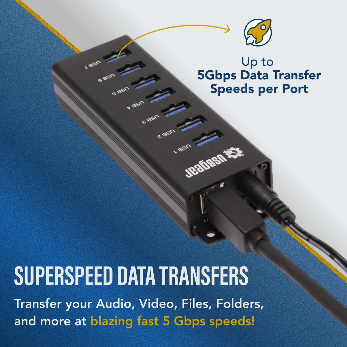 7-Port USB 3.0 Mountable Charging and SuperSpeed Data Hub - 5V/4A Power Adapter Up to 900mA per Port Charging