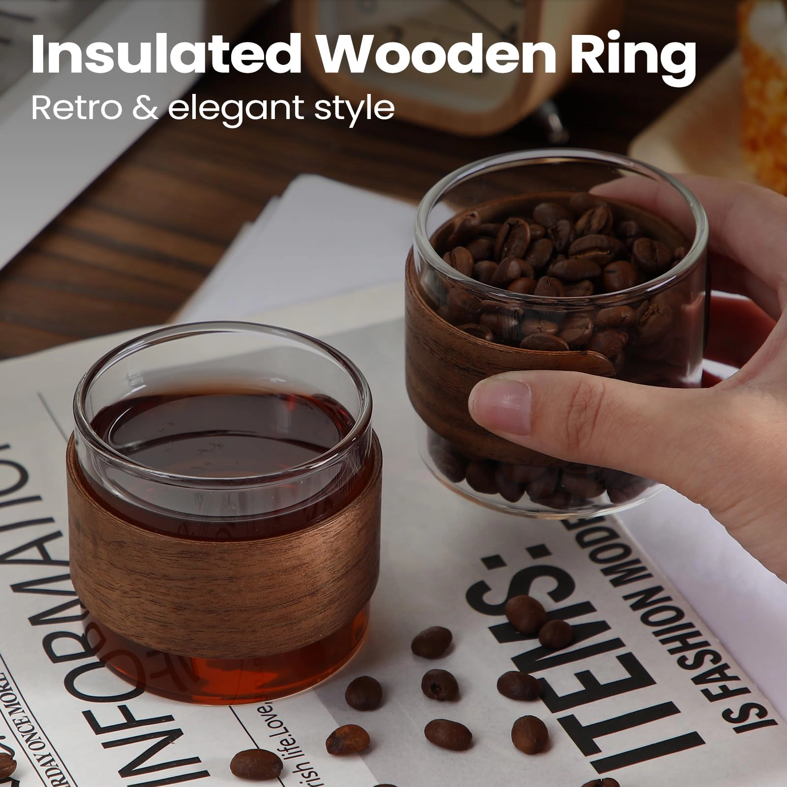 Espresso Reusable Cup - 16 pcs Wooden Ring High Borosilicate Glass