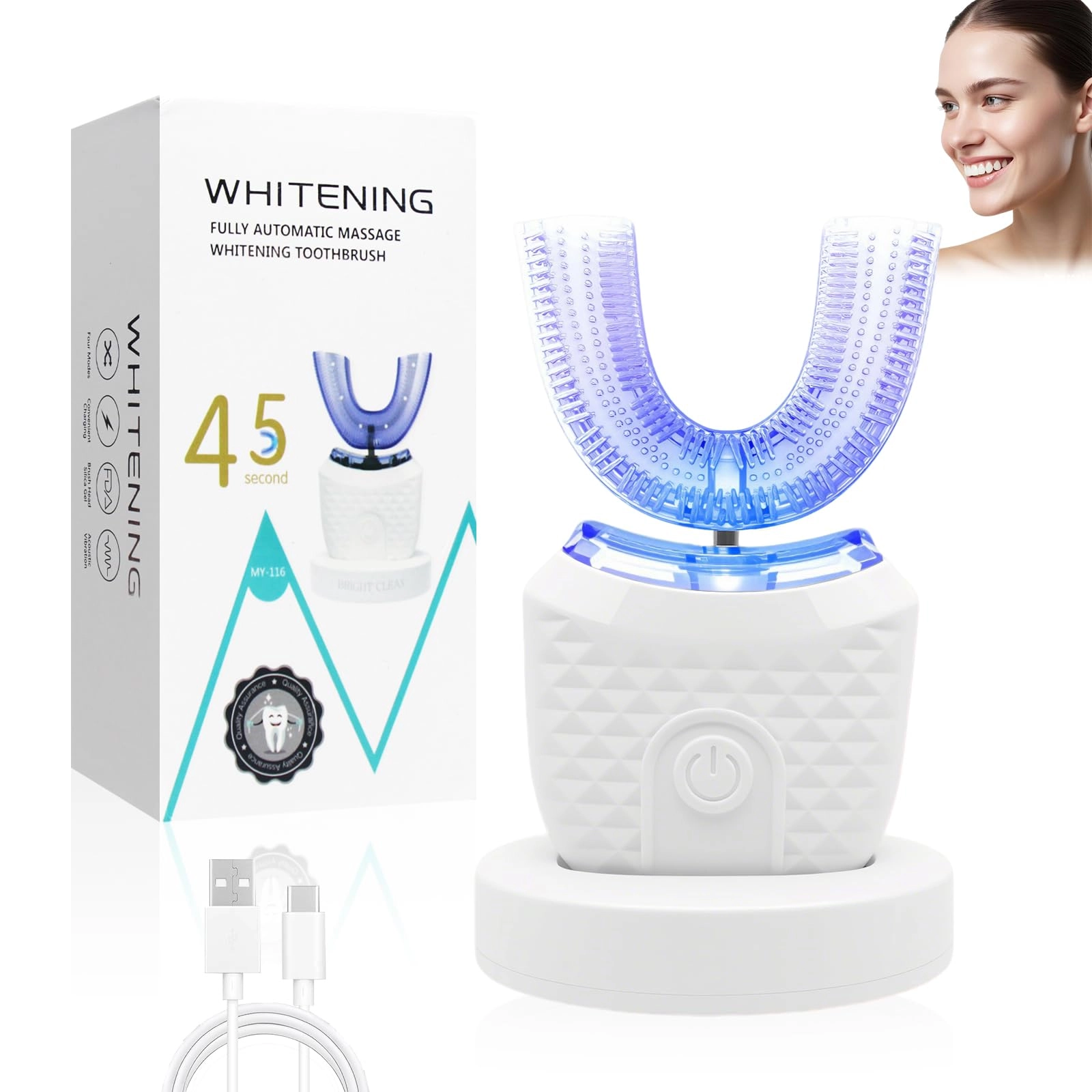 Horuili U-Shaped Toothbrush - 360° Deep Cleaning 3 Cleaning Modes LED Blue Light