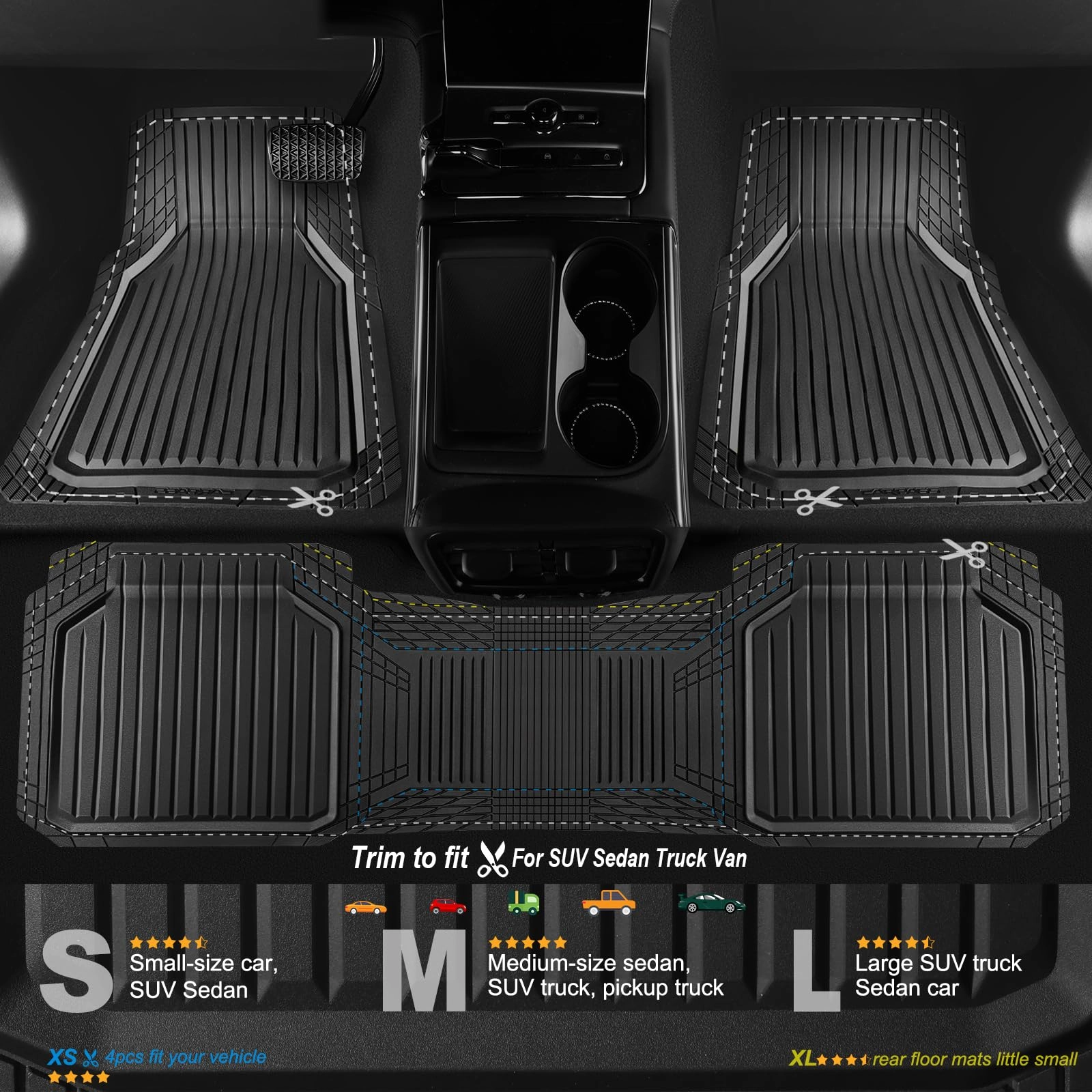 Heavy Duty Rubber Floor Mats - Universal Fit 3pcs Black Purple