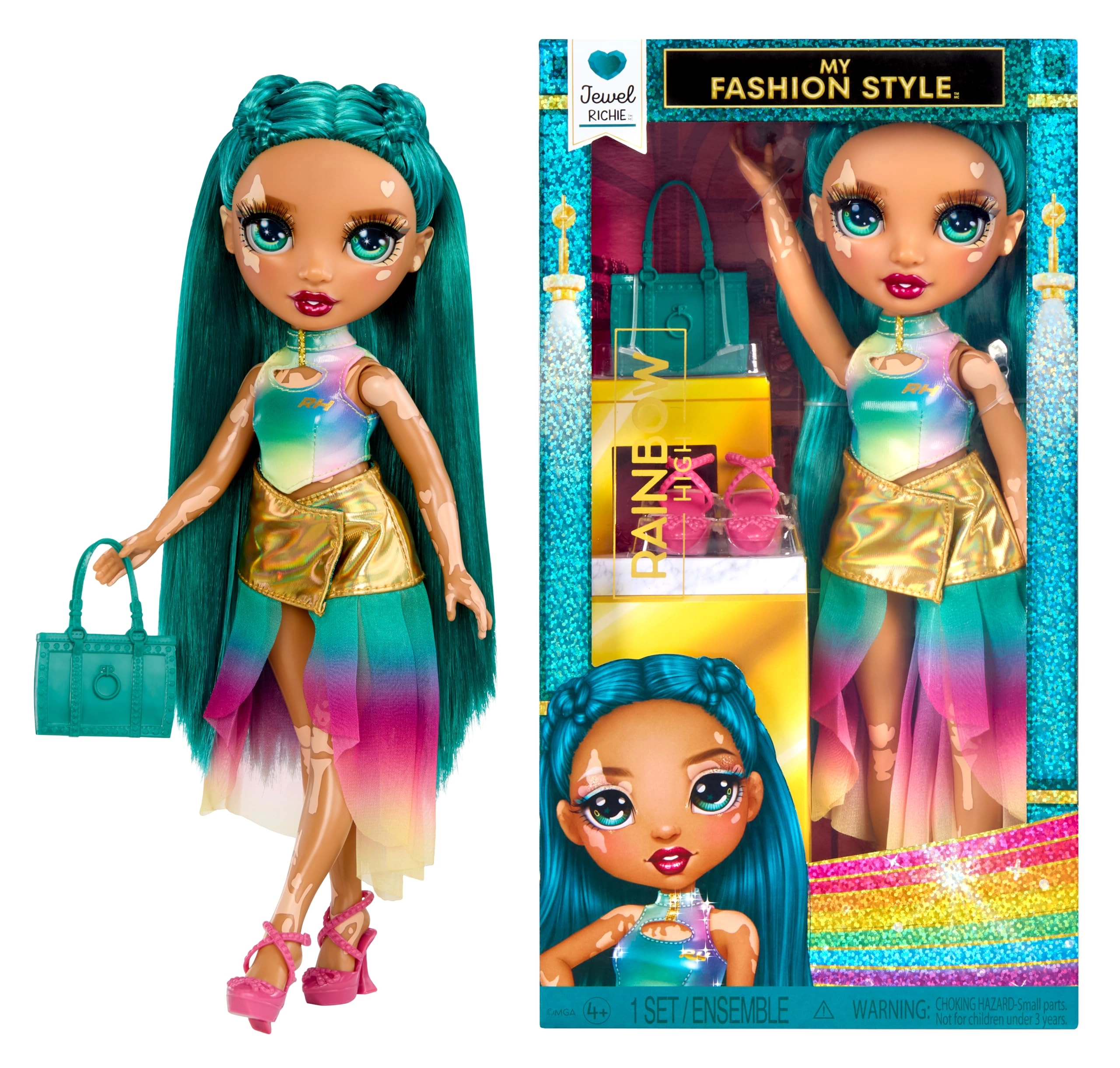 Rainbow High Jewel Richie Core Fashion Doll - Vitiligo Emerald 2 Outfits