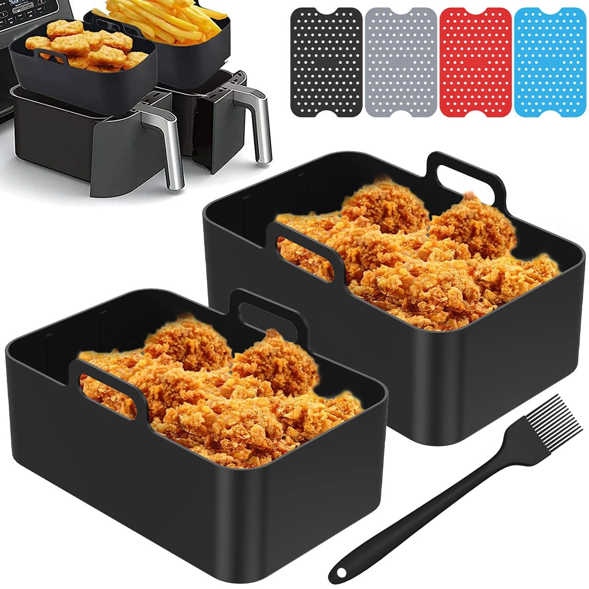 TYXZ Air Fryer Silicone Basket - 2pcs Silicone + Silicone Pad - 4pcs Silicone + Oil Brush - 1pc