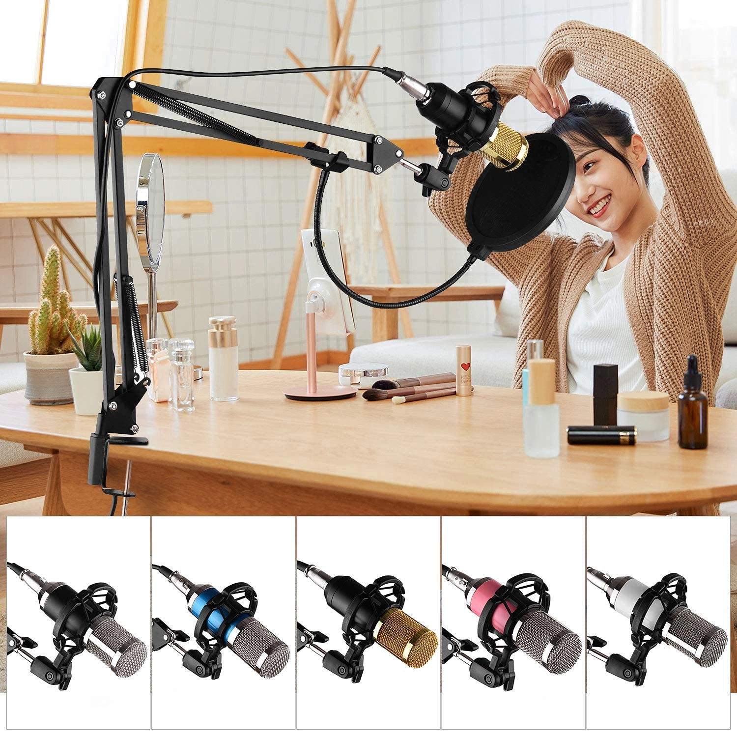 QULONG Condenser Microphone + Mic Windscreen + Shock Mount + Adjustable Suspension Scissor Arm Stand + Mounting Clamp + Filter + Audio Cable XLR Microphone
