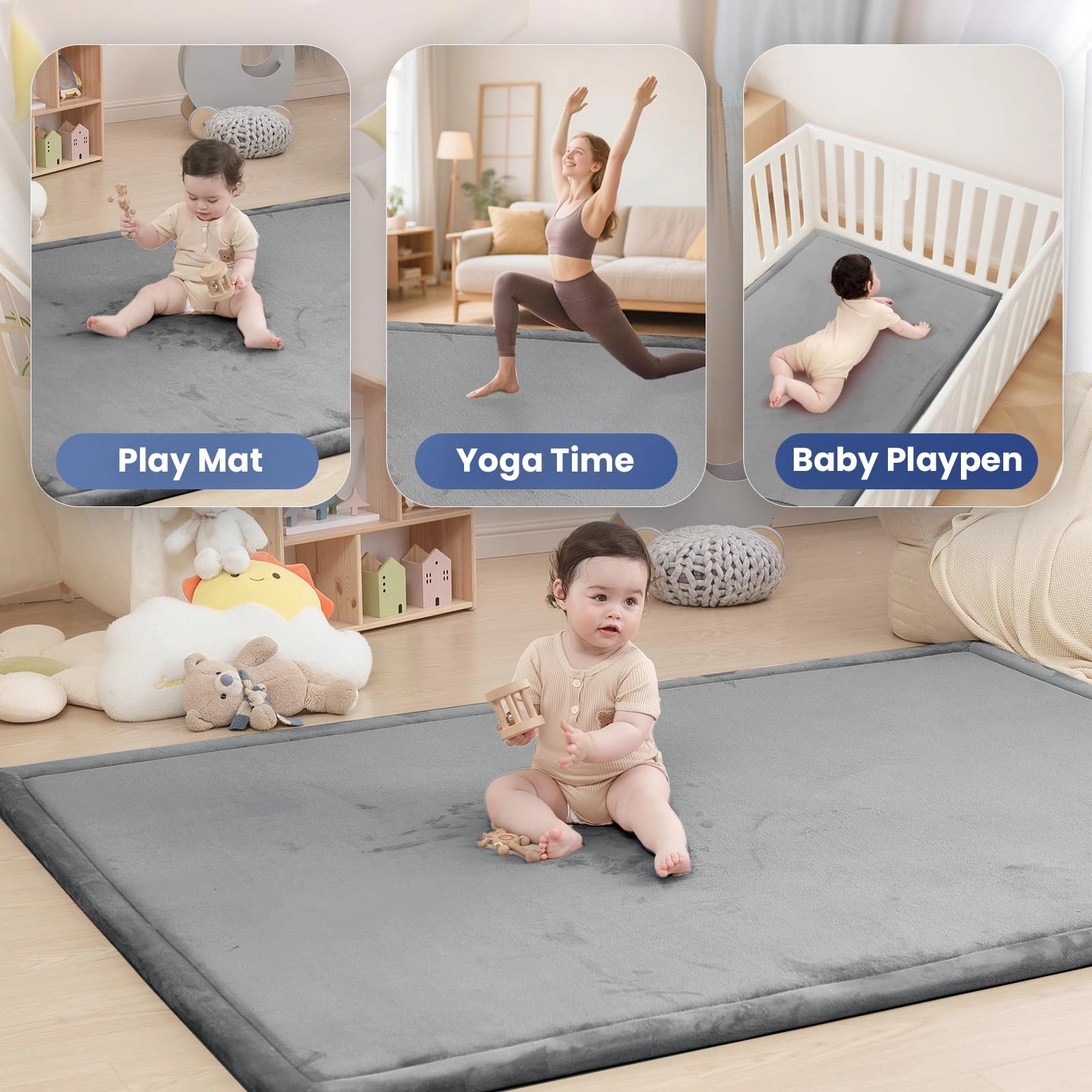Baby Play Mat - 59"×71" 1.3" Thick Light Grey