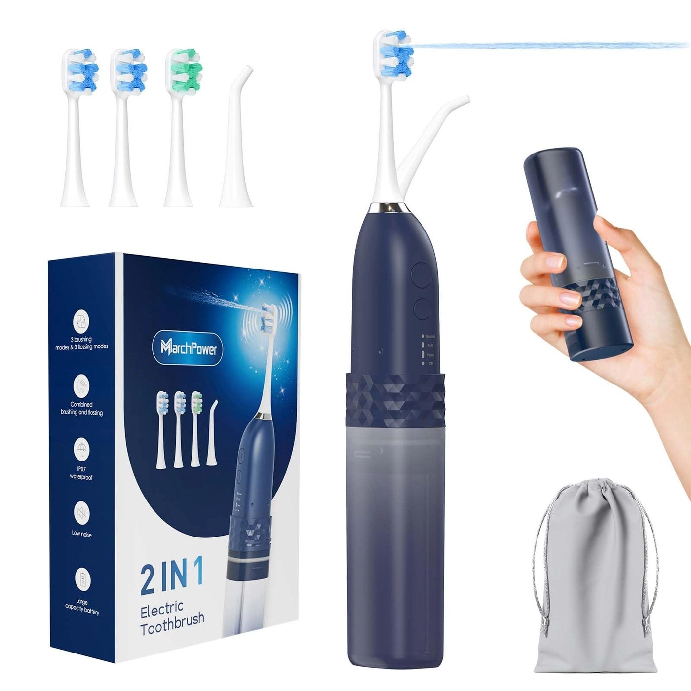 Electric Toothbrush with Water Flosser - 2-in-1 Cordless 3 Brush Heads