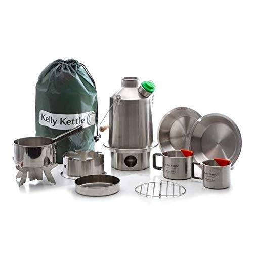 Kelly Kettle Scout Kettle + Cook Set + Hobo Camp Stove + Camping Cup Set + Plate Set + Pot Support + Carry Bag - 10 1.2 ltr
