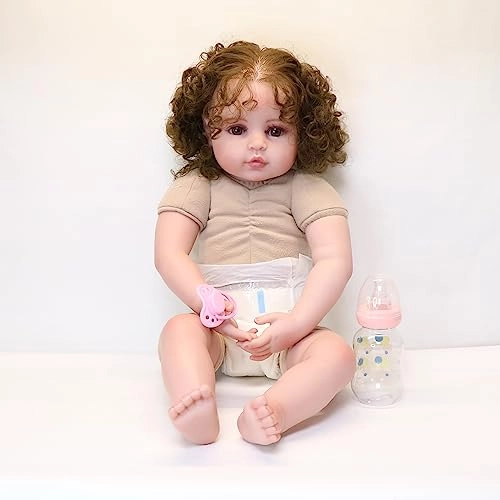 Reborn Baby Doll - 24 inch 61cm Soft Vinyl Brown Curly Hair Ages 14+