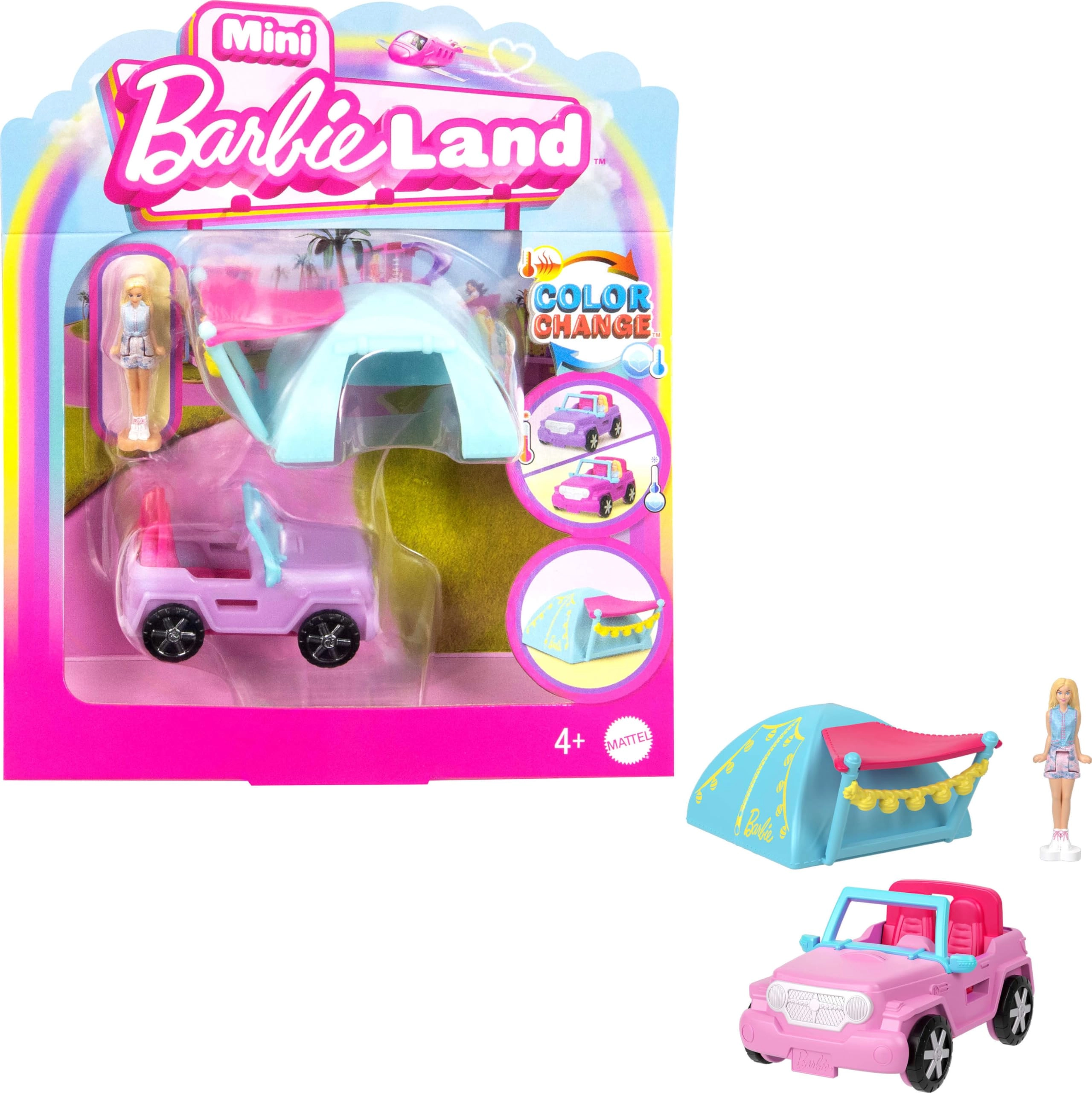 Mini BarbieLand Doll & Toy Vehicle Set - 1.5-inch Color-Change SUV Tent Accessory