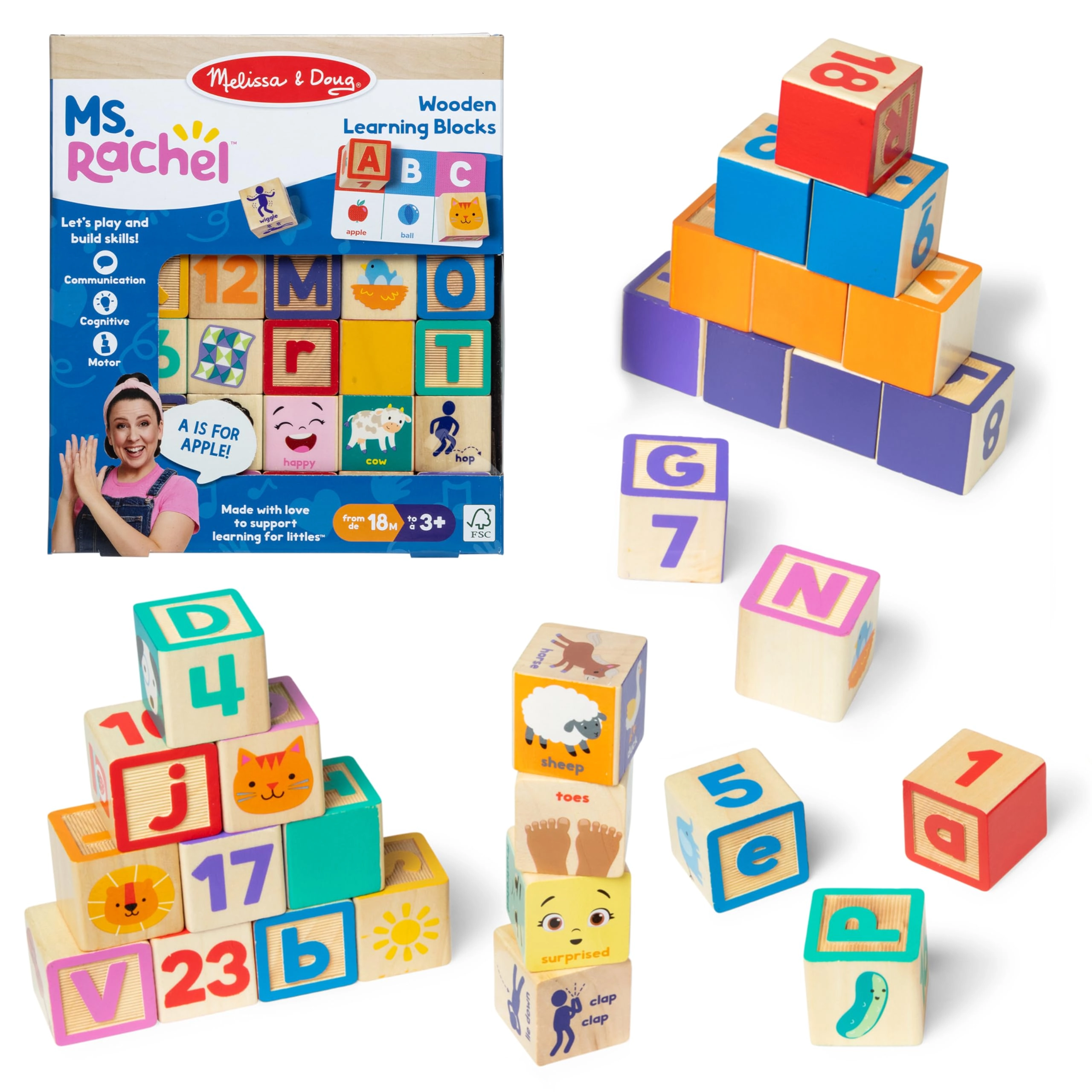 Melissa & Doug Ms. Rachel Letter, Number, and Game Wooden Learning Blocks - 18 Months+ 30 pieces