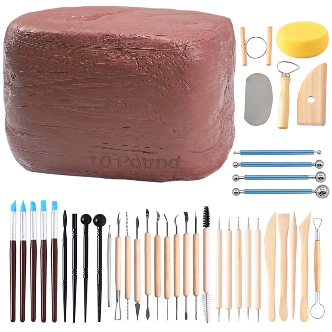 Natural AirDry Modeling Clay - 4540g + Pottery Sculpting Tool Set 40pcs.