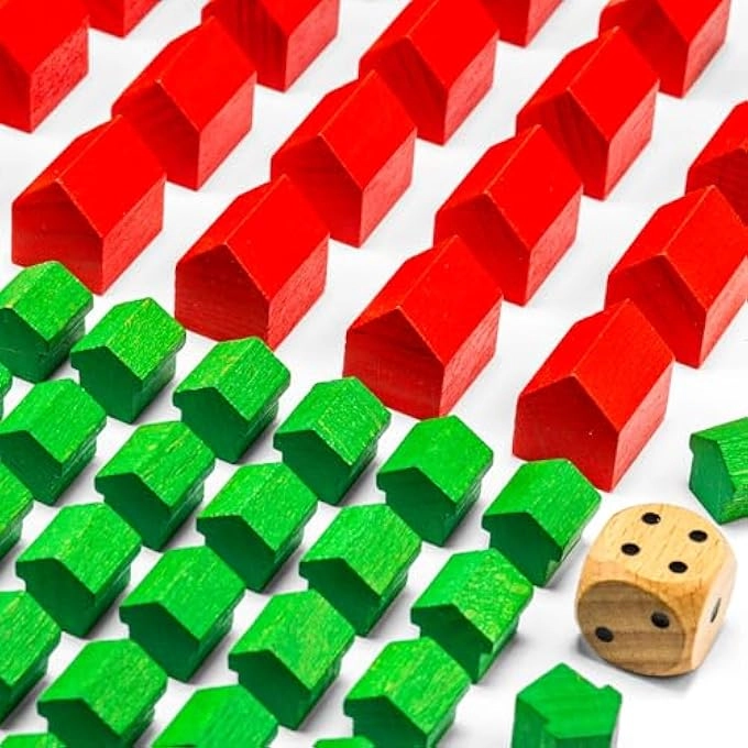 WOODEN TOY FIGURES - HOUSES, HOTELS AND TWO EYE CUBES 60 HOUSES AND 22 HOTELS pcs