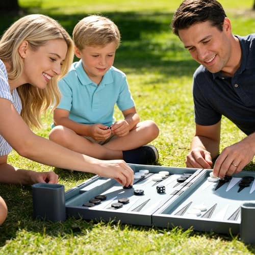 Backgammon Set - Premium Leather Case Blue Grey