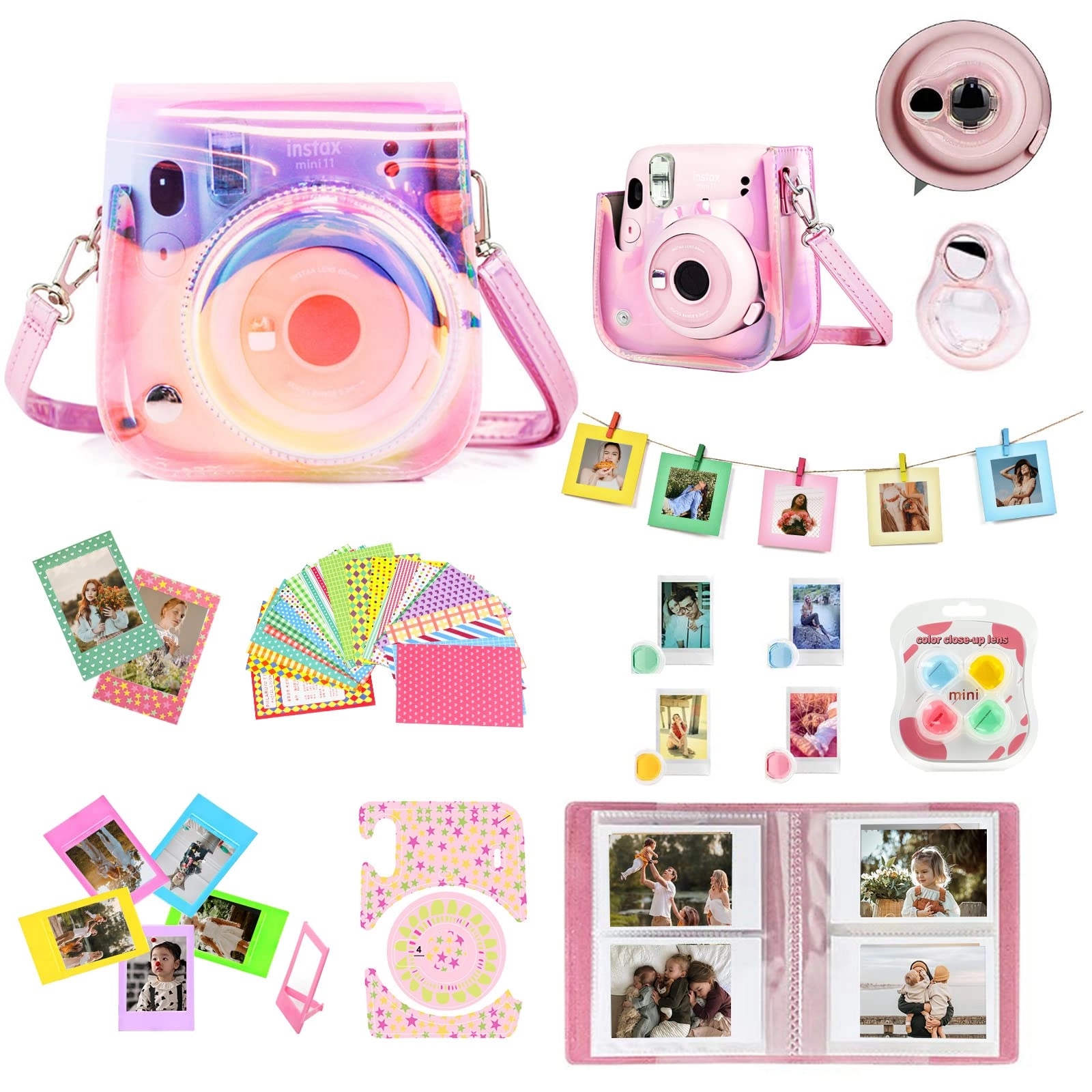 Case - Magic Pink + Adjustable strap + Photo album + Four-color filter + Frame sticker + Camera sticker + Selfie mirror