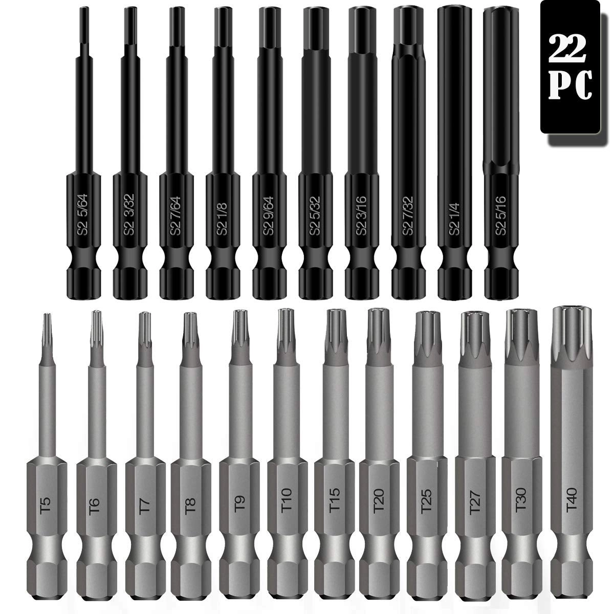 Mgtgbao Torx Head Screw Driver Bit Set - 22PC + Hex Head Allen Wrench Drill Bit Set - 1/4 Inch