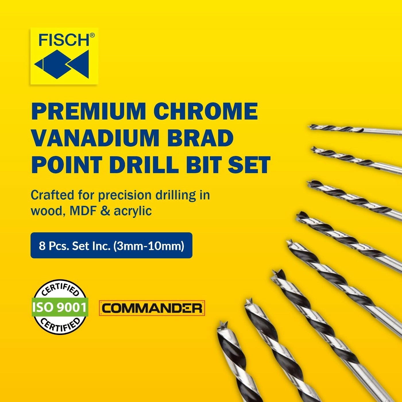 Brad Point Drill Bit Set - Chrome Vanadium 8Piece 3mm to 10mm