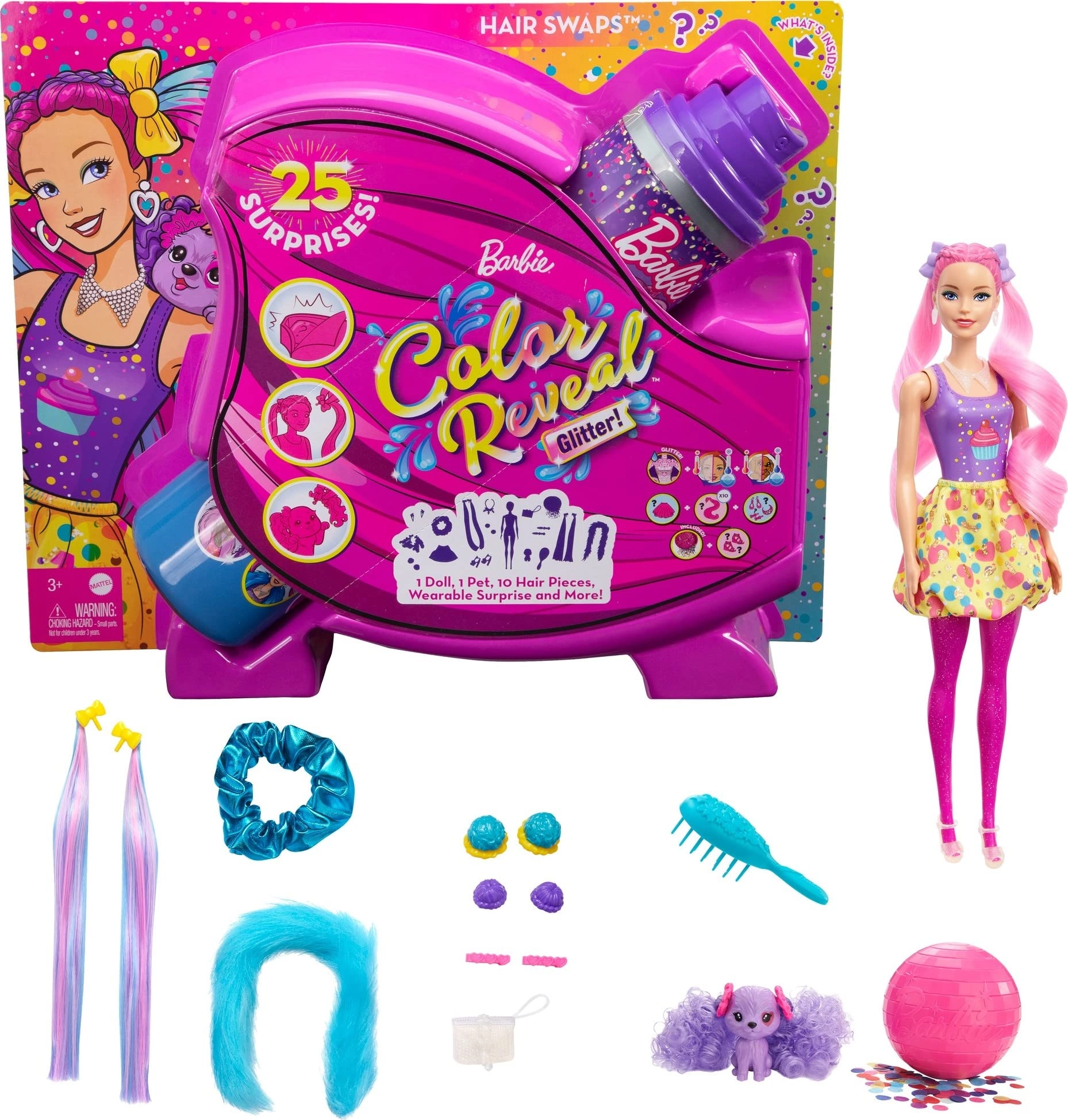 Barbie Color Reveal Glitter! Hair Swaps Doll - Glittery Pink 25 surprises 10 hair pieces Ages 3+