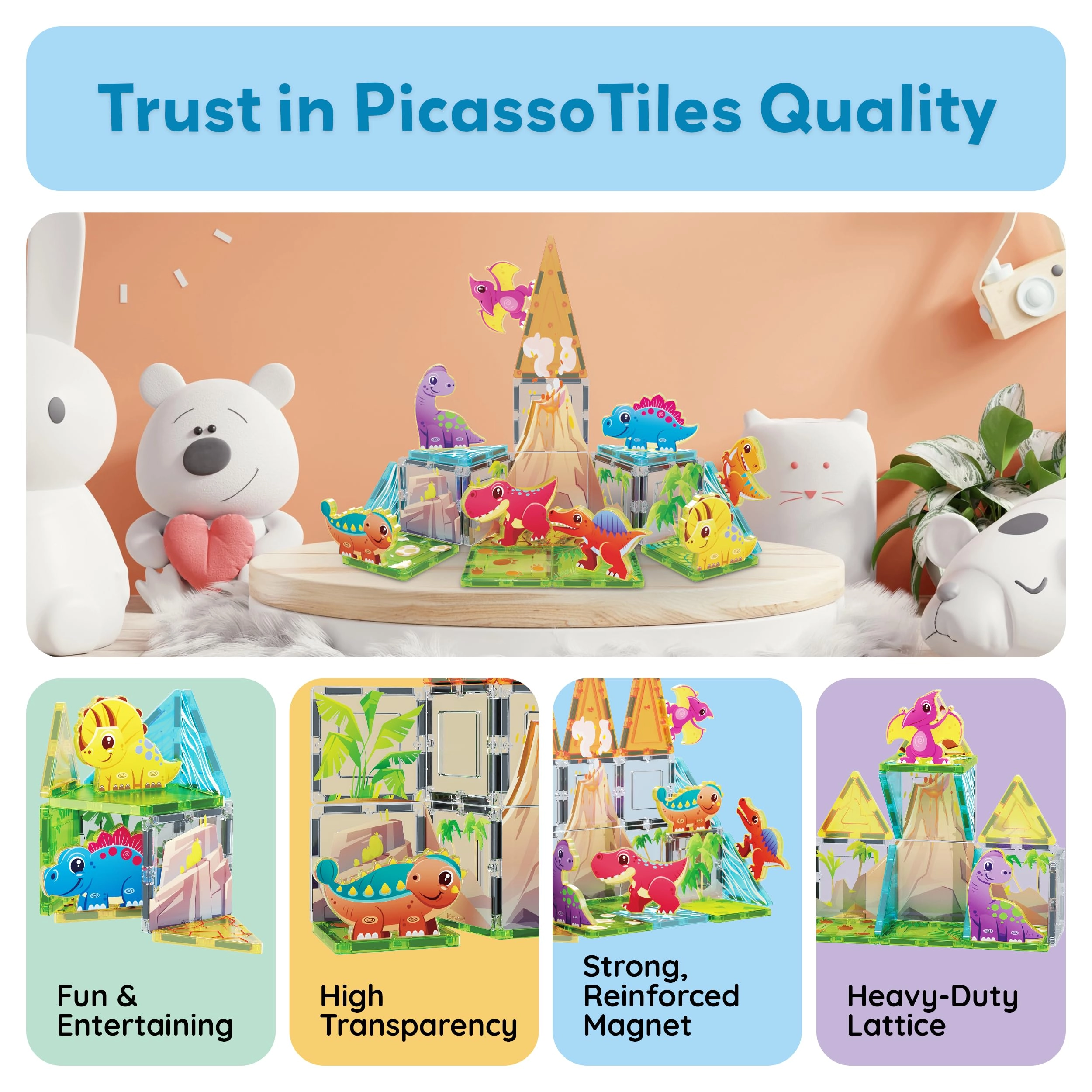 Magnet Tile Building Blocks - 8 Animal Character Action Figures Dinosaur World Themed 26 pcs