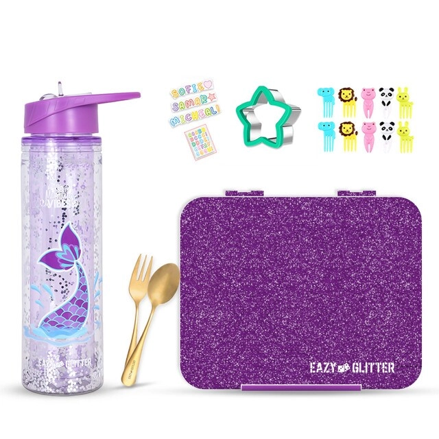 Bento Lunch Box - Convertible 4/6 + Water Bottle - 550ml Double Wall + Spoon - Golden + Fork - Golden + Cutlery Bag