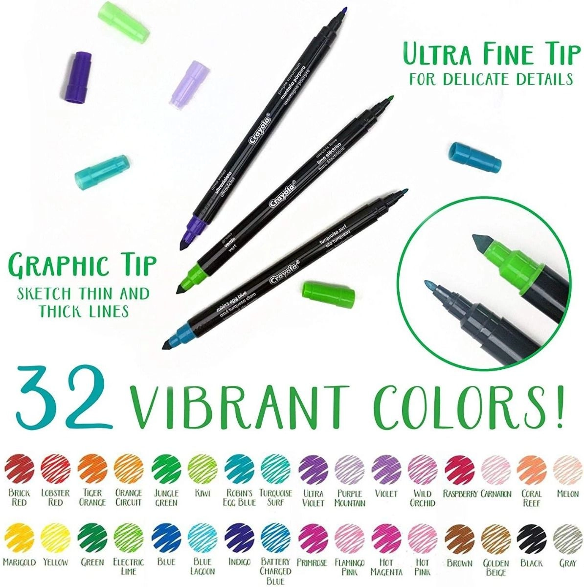 Brush & Detail Dual-Ended Markers - 32 complementary colors brush tip ultra-fine tip
