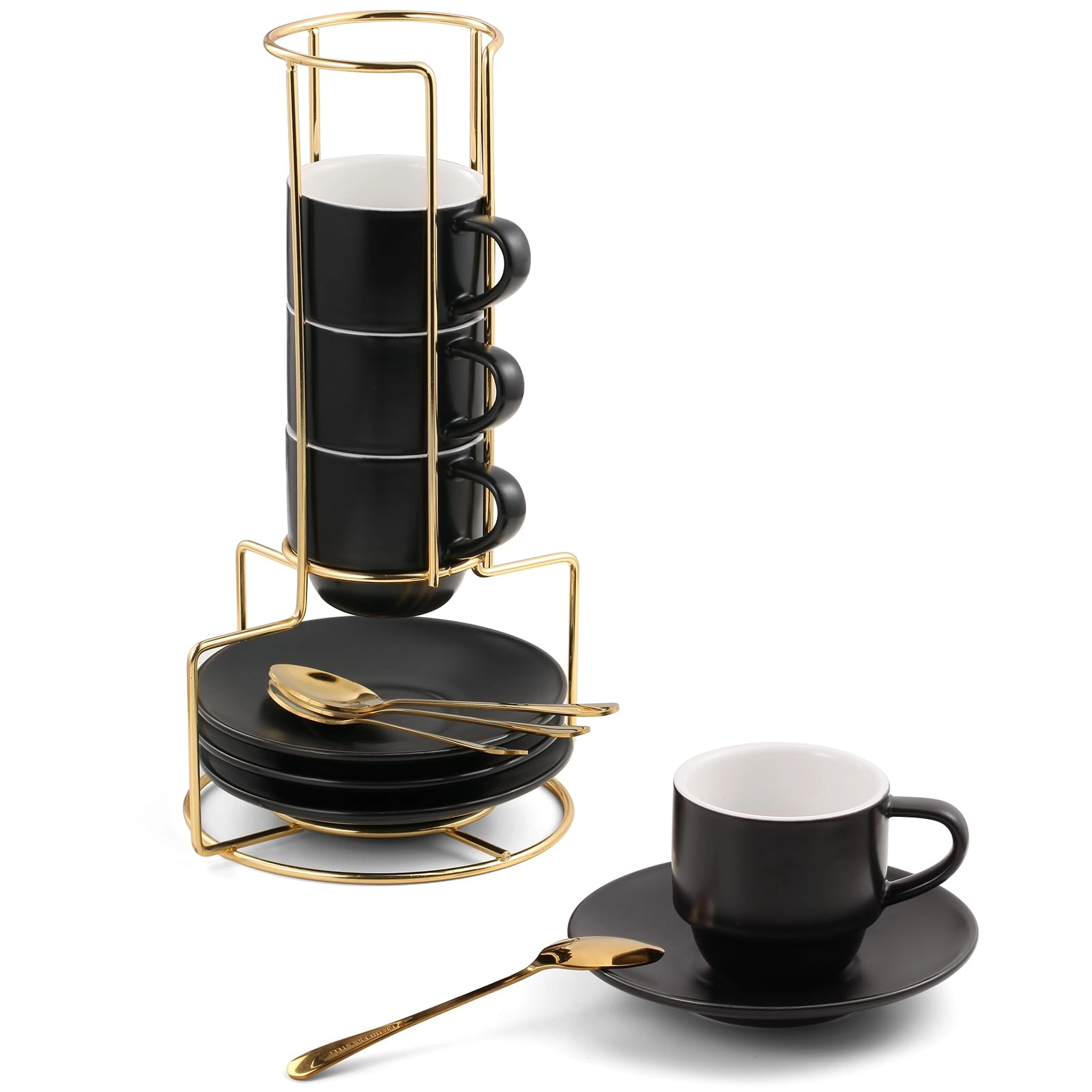 lareina Espresso Cups - 4 pcs Stackable with Saucers Spoons Metal Stand
