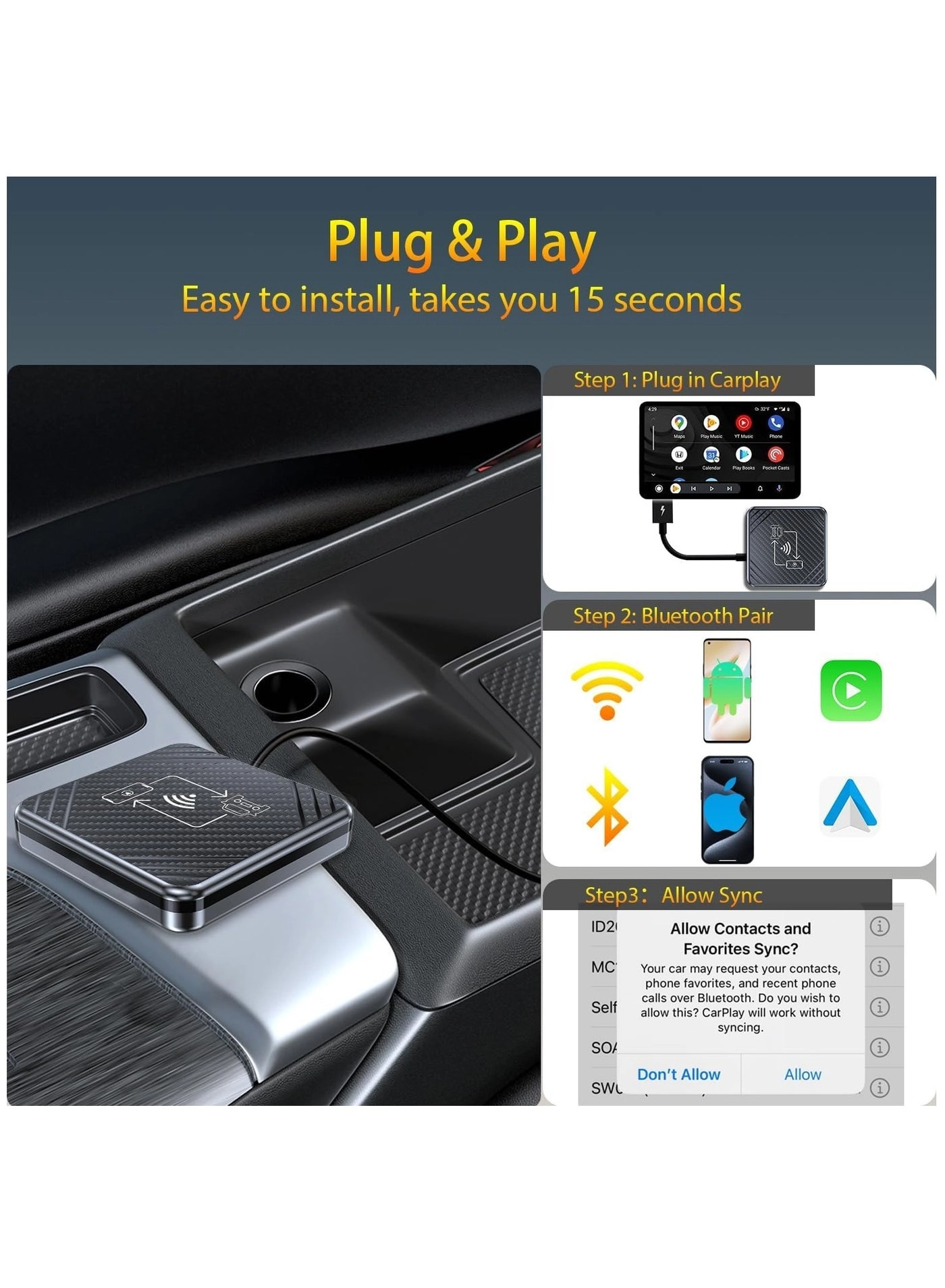 Wireless Carplay Adapter & Android Auto Adapter - 2 in-1 Plug & Play Bluetooth