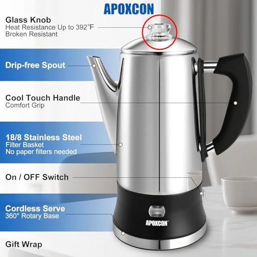 Electric Coffee Percolator - 12 Cups Cordless Serve Keep Warm Function