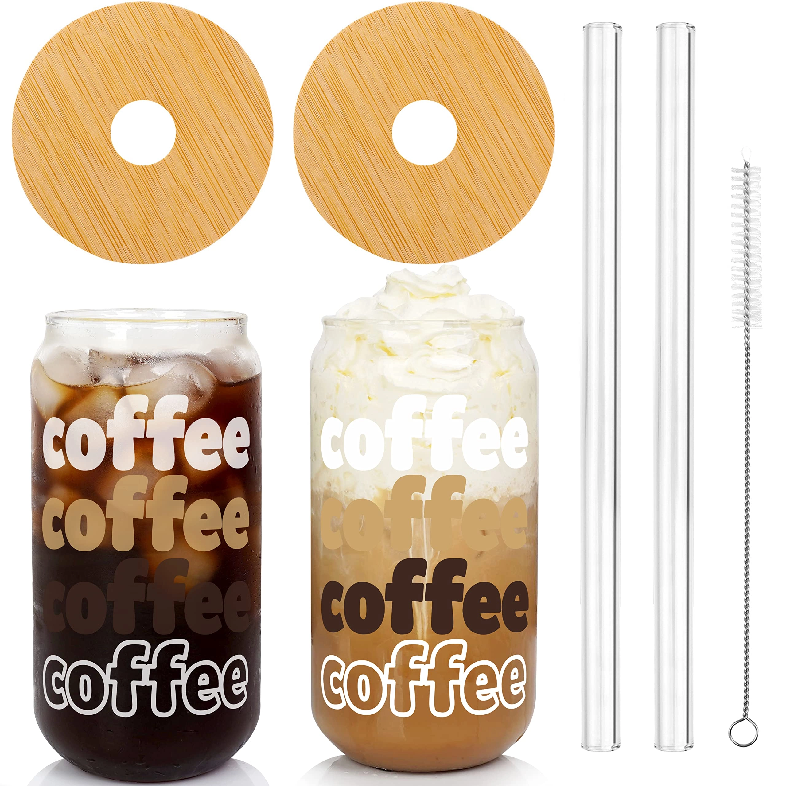 ANOTION Iced Coffee Glass Tumbler - 2 pcs Lid Straw Birthday Christmas 568 ml