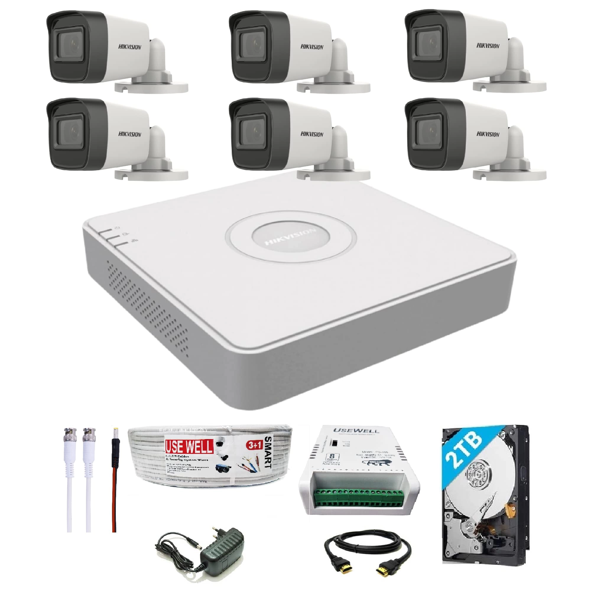 Prama Hikvision India 8 Channel DVR + 5 MP 6 Bullet Cameras + 2 TB HDD + (3+1) Cable roll + 8 CH Power Supply + USEWELL BNC & DC Full Combo Kit