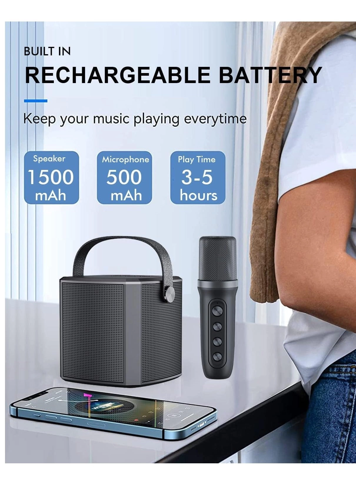 Portable Bluetooth Karaoke Speaker - Rechargeable wireless microphone Type-C charging TF Card support