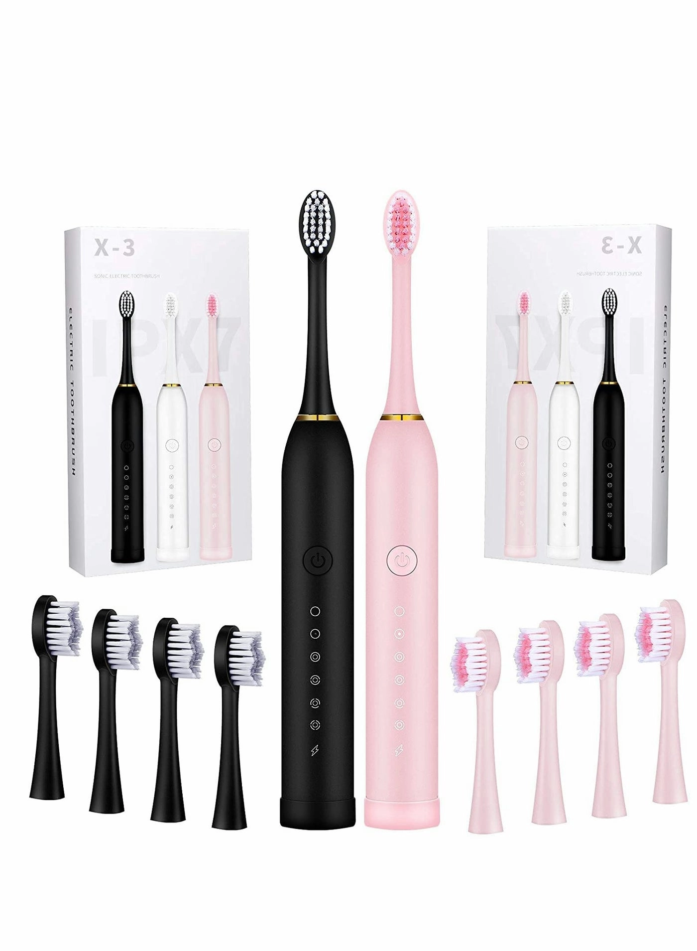 Excefore Sonic Electric Toothbrushes - 2 Minutes Timer Rechargeable + Replacement Brush Heads - 8 Pieces + USB cable - 2 Pieces