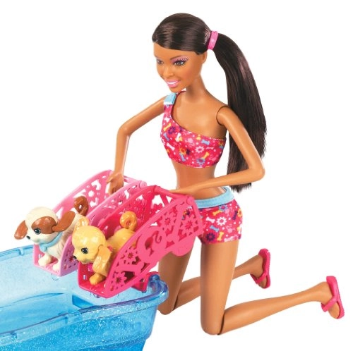 Barbie Swim and Race Pups Doll Playset - 1 Doll 2 Swimming Puppies Pool Slide Flag