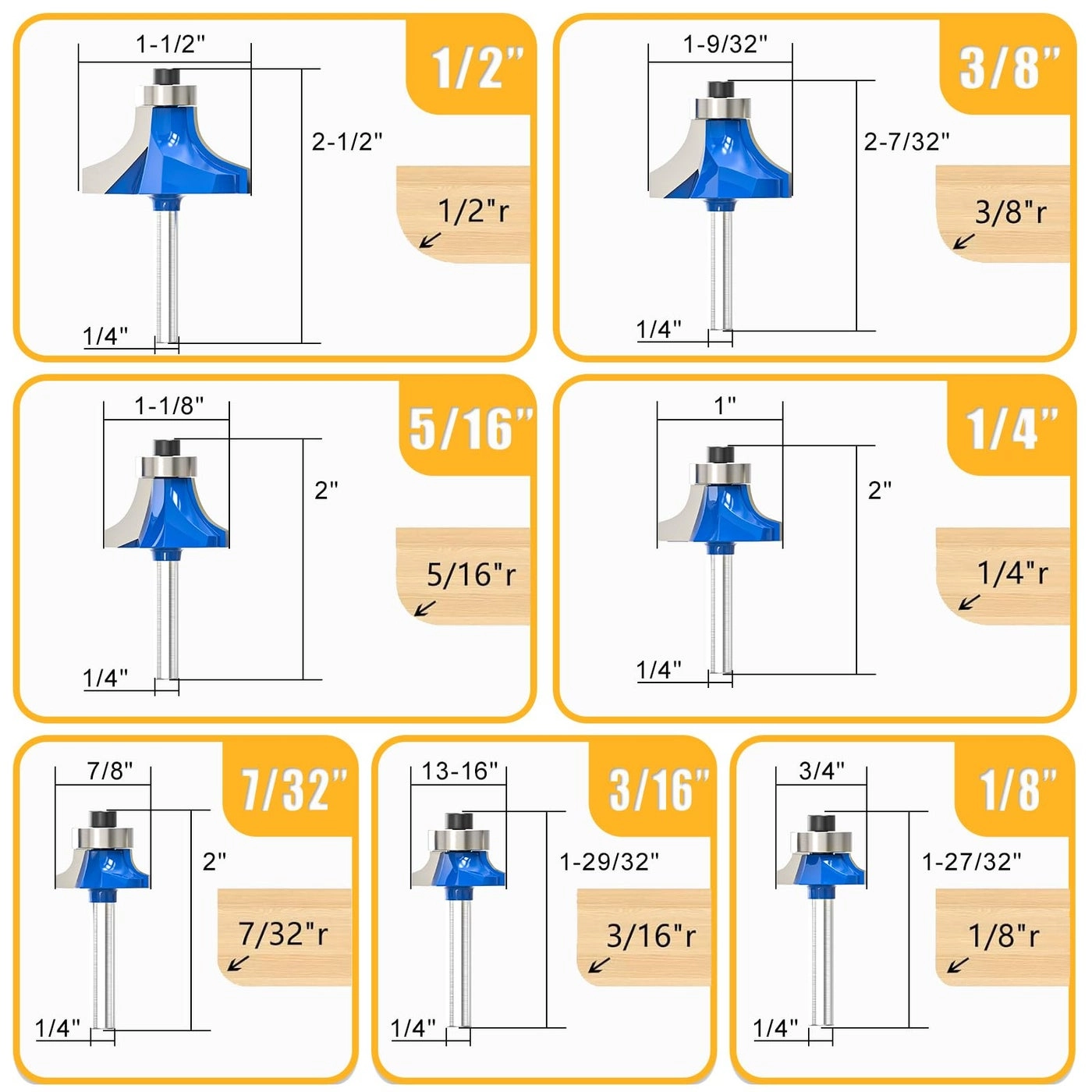 Roundover Edging Router Bit Set - 1/4"" Inch Shanks 7Pcs
