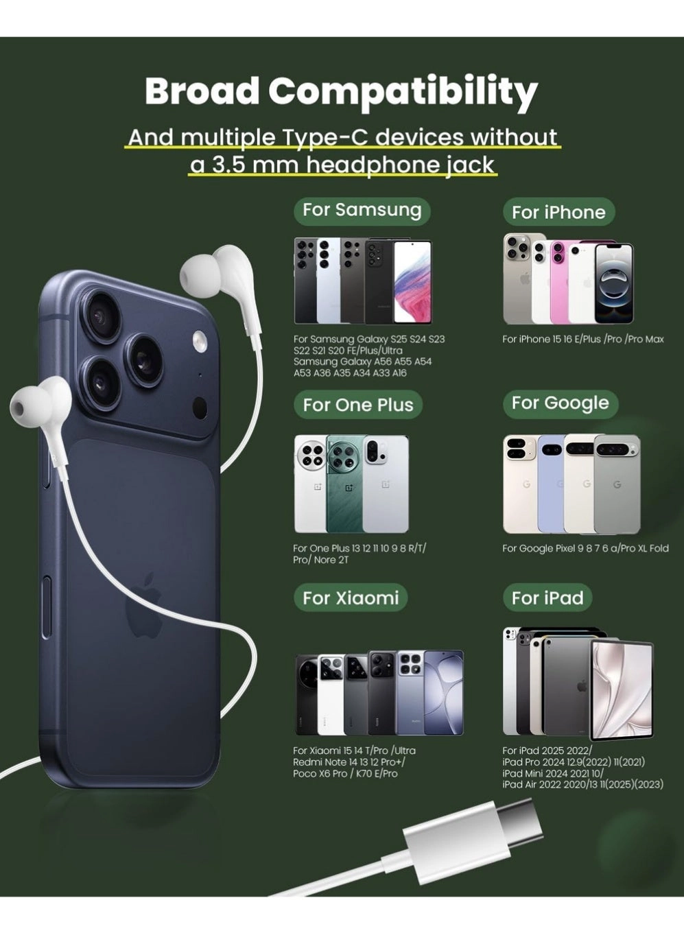 USB C Headphones - Wired Earbud