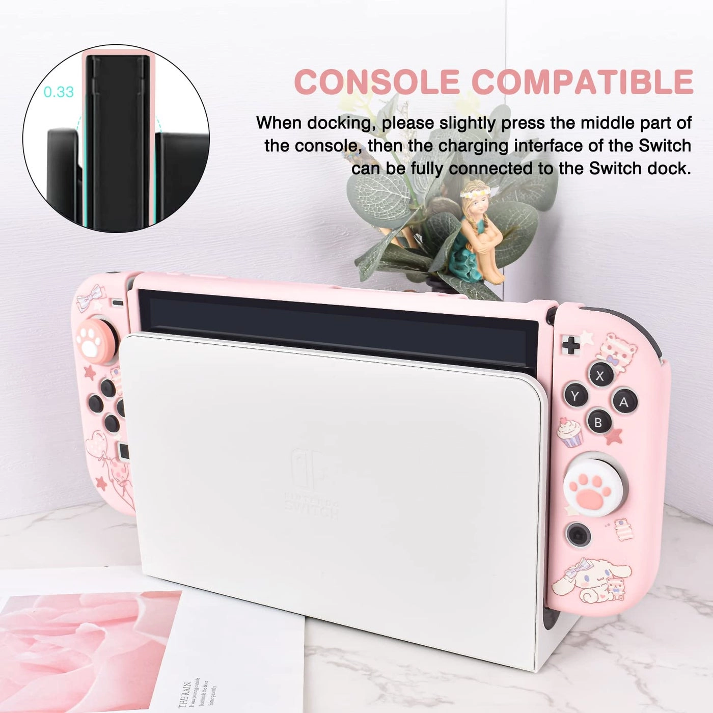 Cute Dog Switch OLED Protective Case - Silicone Shockproof Pink 4PC Cat Claw Thumb Grips Caps