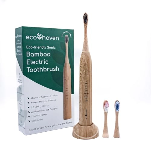 Sustainable Sonic Bamboo Electric Toothbrush - 3 Recyclable Heads 5 Cleaning Modes USB Type C Charger
