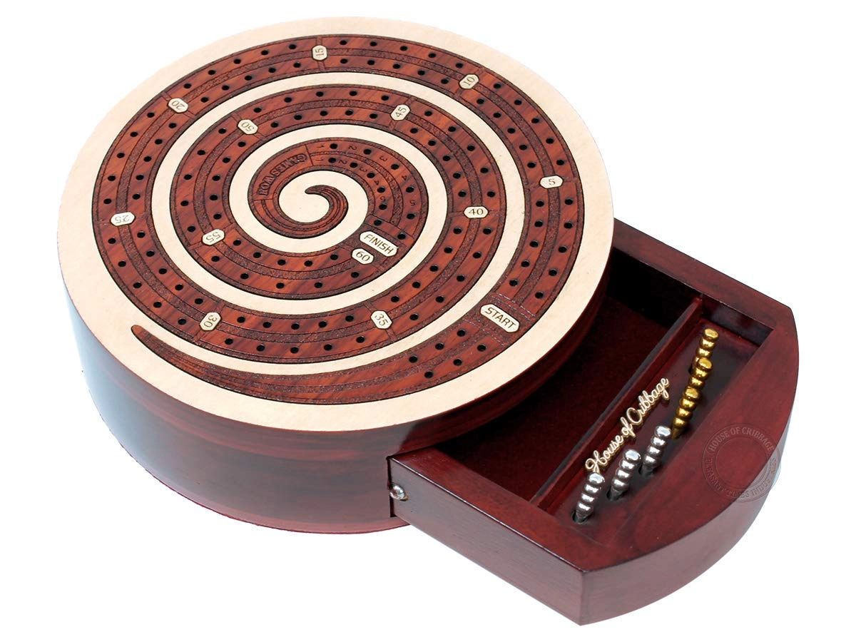 Pleasant Times Industries Spiral Shape 2 Track Non-Continuous Cribbage Board - 60 Points Push Drawer Storage