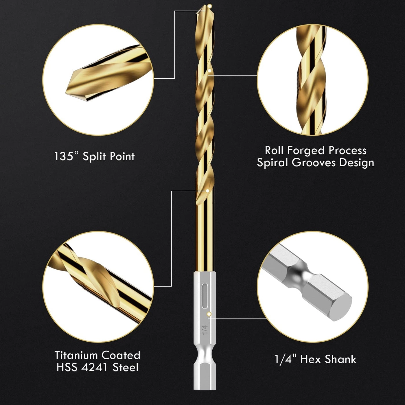 Hex Shank Drill Bit Set - Hss 4241 Titanium Coating 30Pcs (1/16"" - 1/2"")