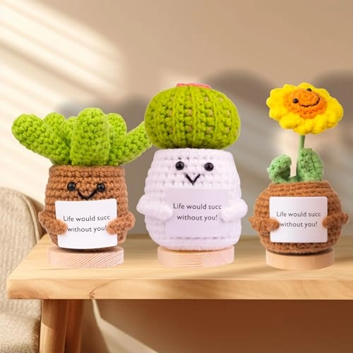 Positive Potato 5 cm + Knitted Cactus 5 cm + Succulent and Flower 5 cm